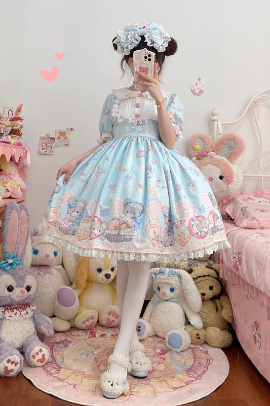 Azure Baked-Bear Print Sweet Dress with Ruffled Sleeves