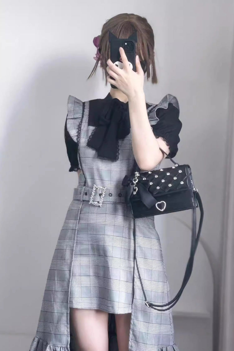 Grey Sleeveless Plaid Print Ruffle Slim Elegant Irregular Jirai Kei Gown