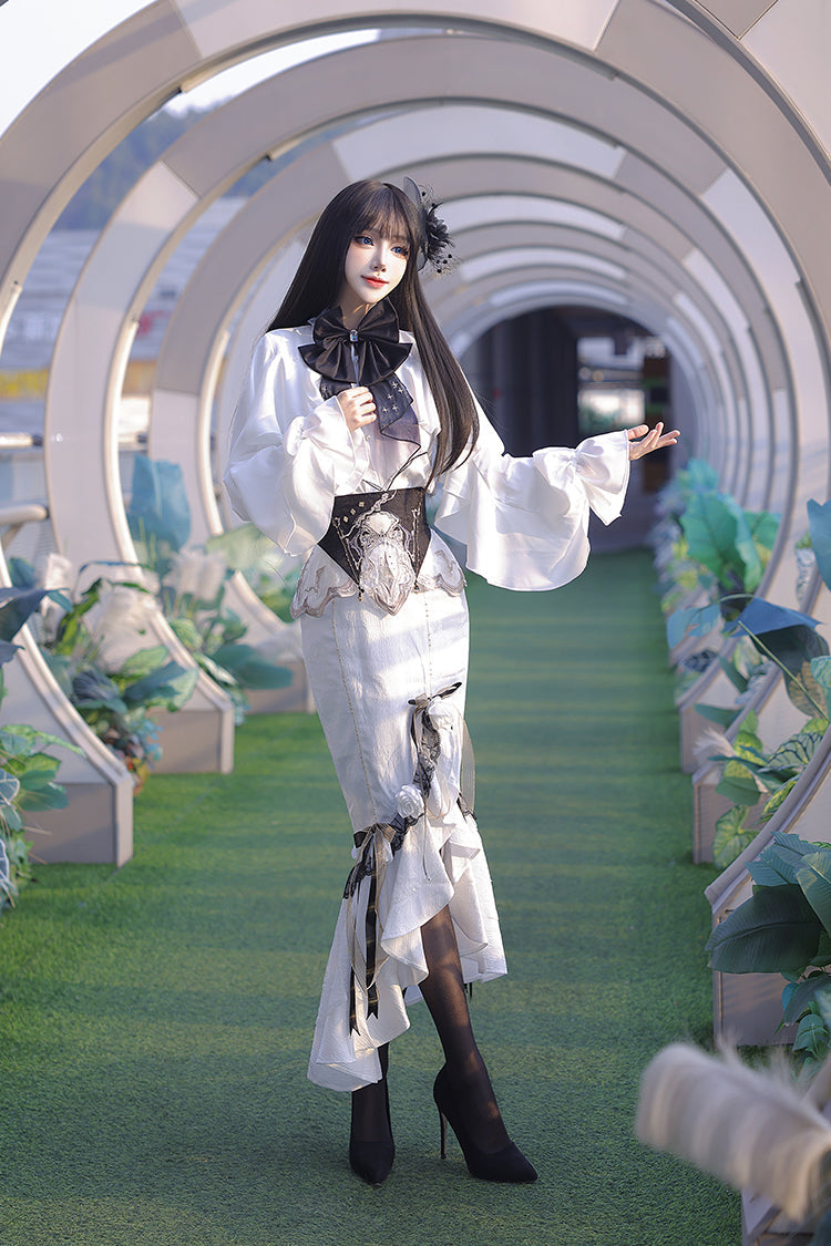 Ivory Jacquard Embroidered Irregular Skirt with Bow - Star Gate