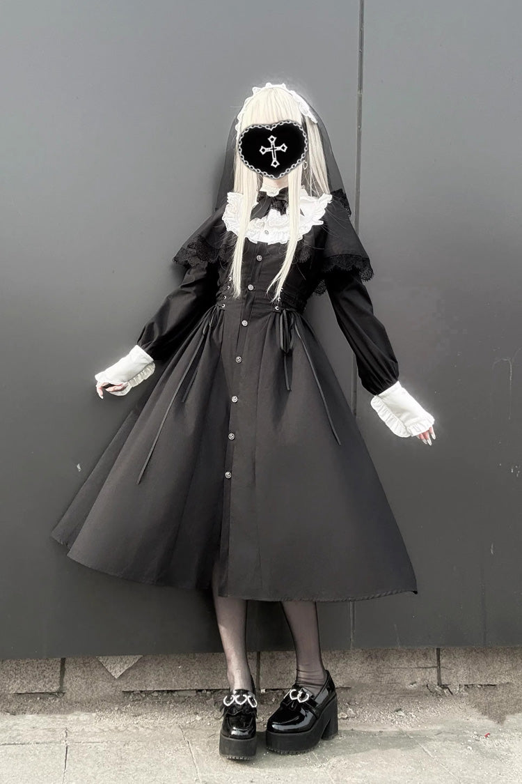 Gothic Jirai Kei Long Dress with Lace-Up Ruffled Bow Sleeves