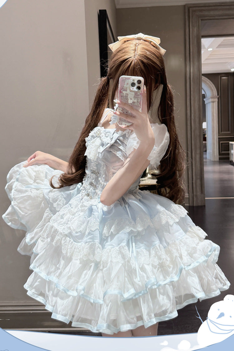 Ice Dance White Blue Short Sleeves Multi-Layered Ruffle Embroidery Bowknot Lace Sweet Dress