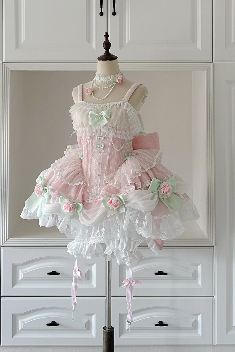 Sleeveless Ruffle Embroidery Bow Lace Pearl Sweet Lolita Jumper Dress - Pink