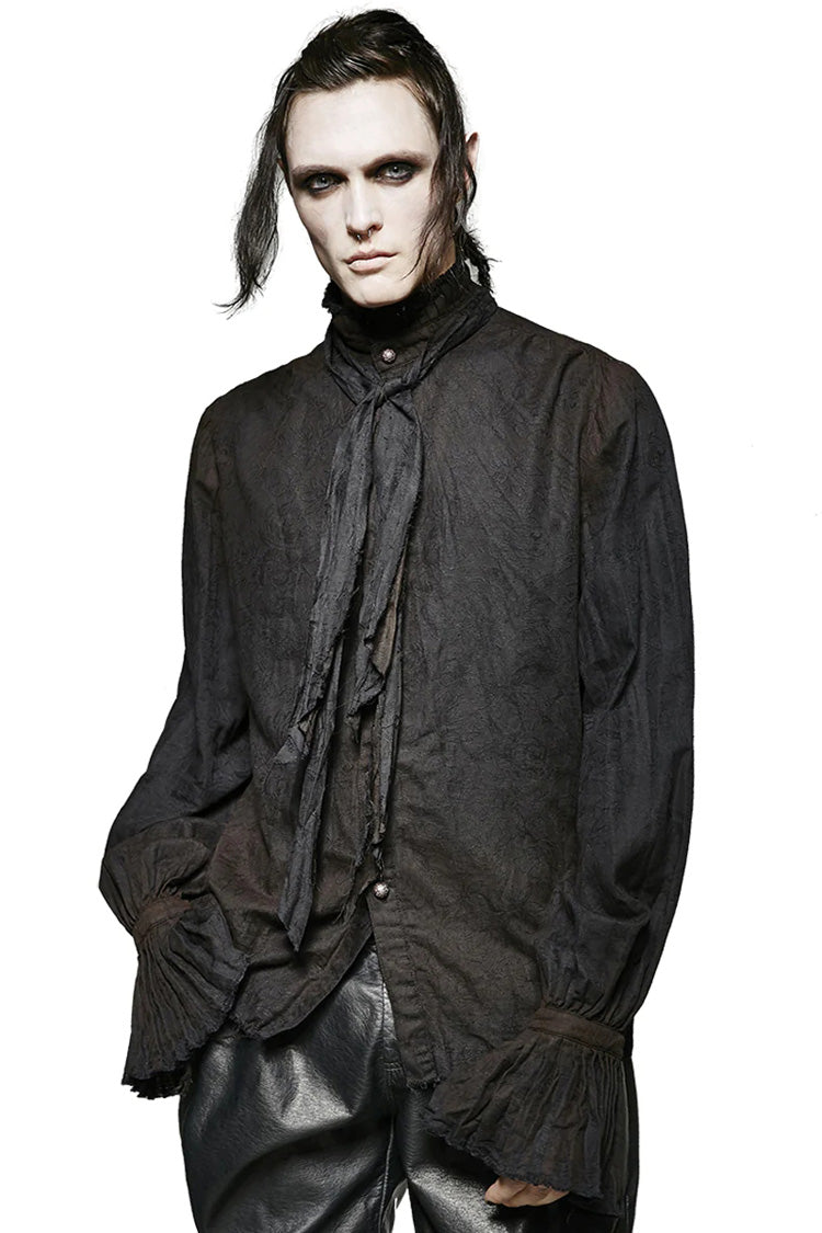 Jet-Black Steampunk Tie Shirt with Lantern Sleeves and Metal Buttons