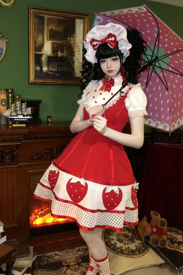 Sweet Lolita Dress with Stand Collar and Bow - Miss Peculiar Strawberry, 2 Shades