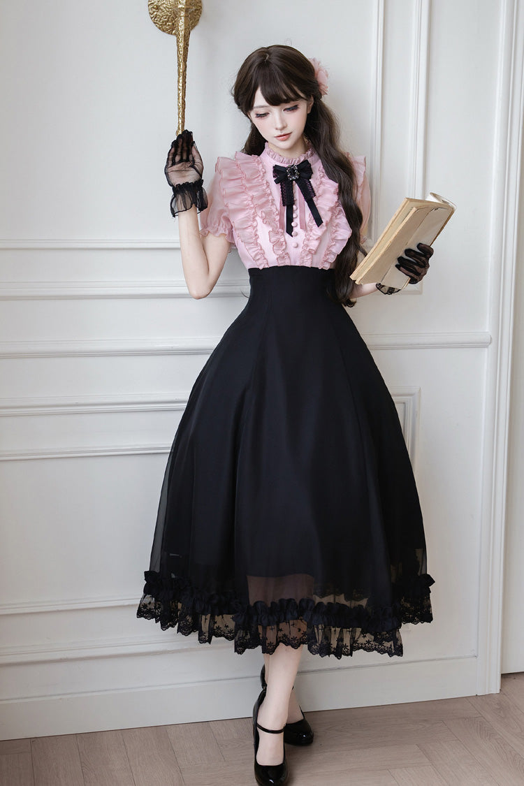 Miss Lola Snow Kiss Stand Collar Short Puff Sleeves Ruffled Color-Blocked Faux Two-Piece Sweet Lolita Long Dress 3 Colors - Black