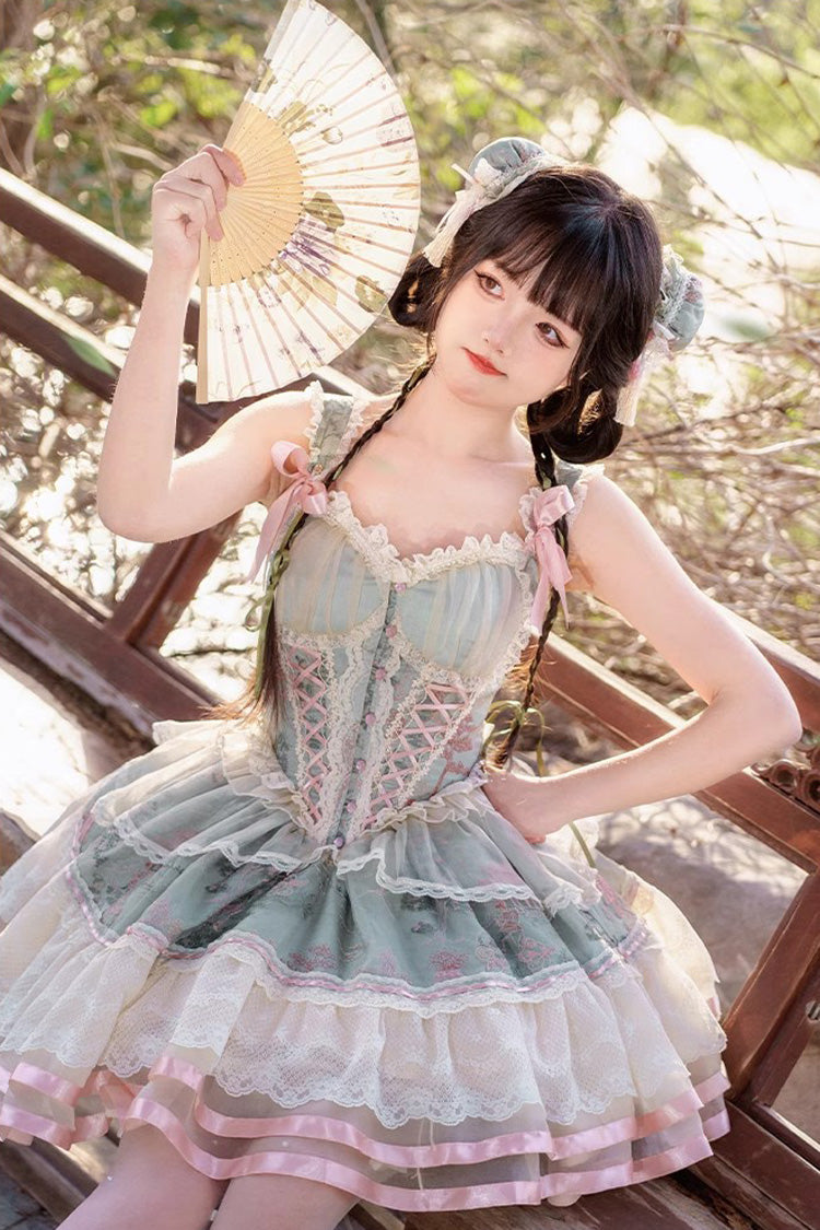 Green Multi-Layer Printed Elegant Lolita JSK Dress - Bowknot Ruffled