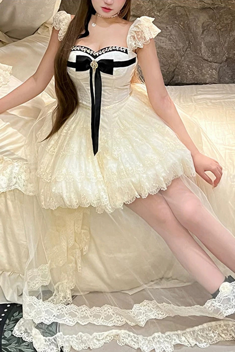 Cream Hepburn Heart Square Collar Sleeveless Multi-Layer Cut-Out Bow Lace Sweet Lolita JSK Dress