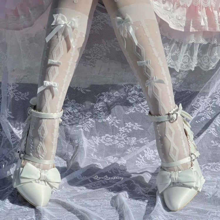 Ruffled Bow Lace Pointed Heels for Elegant Lolita - Four Shades