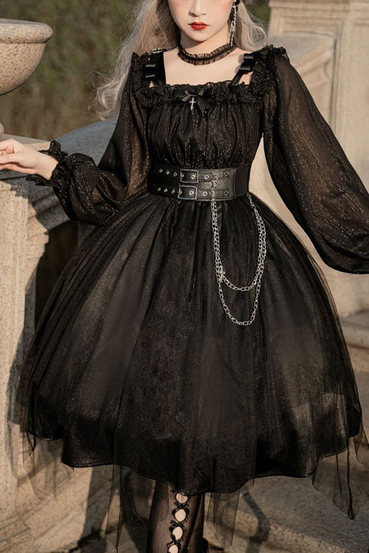 Black Square Collar Gothic Lolita OP Dress Metal Chain Organza Stitching - Altfashion Shop