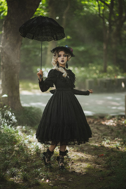 Rose Print Lolita OP Dress with Multi-Layer Ruffles, Sweet Style