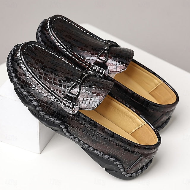 Men’s Loafers – Moc-Toe Textured Crocodile Driving Black