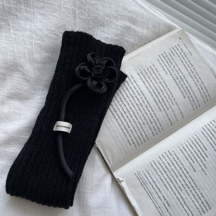 Floral Accent Knit Leg Warmers - Black Flower - One Size