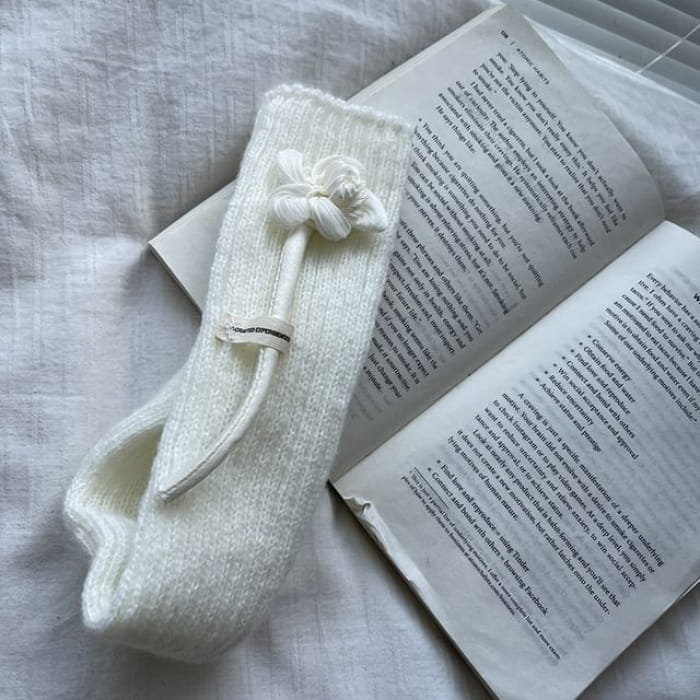 Floral Accent Knit Leg Warmers - White Flower - One Size