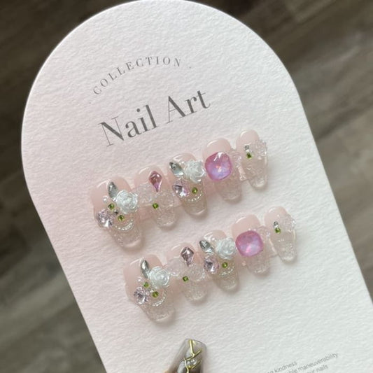 Floral Faux Crystal Nail Tips