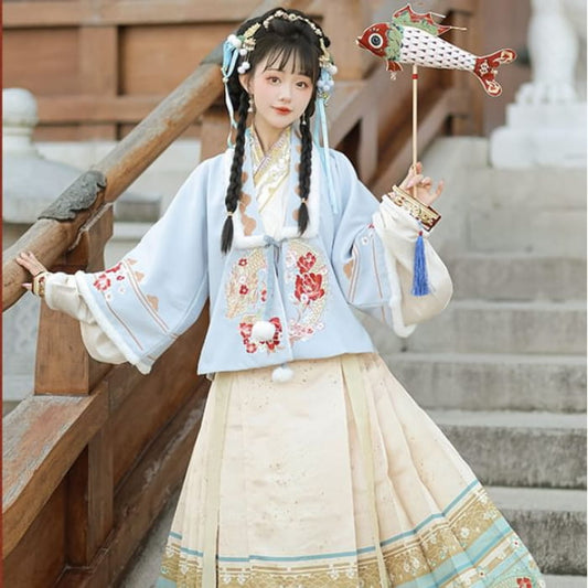 Floral Hanfu Costume Set - of 3 - Coat & Top Skirt - Light