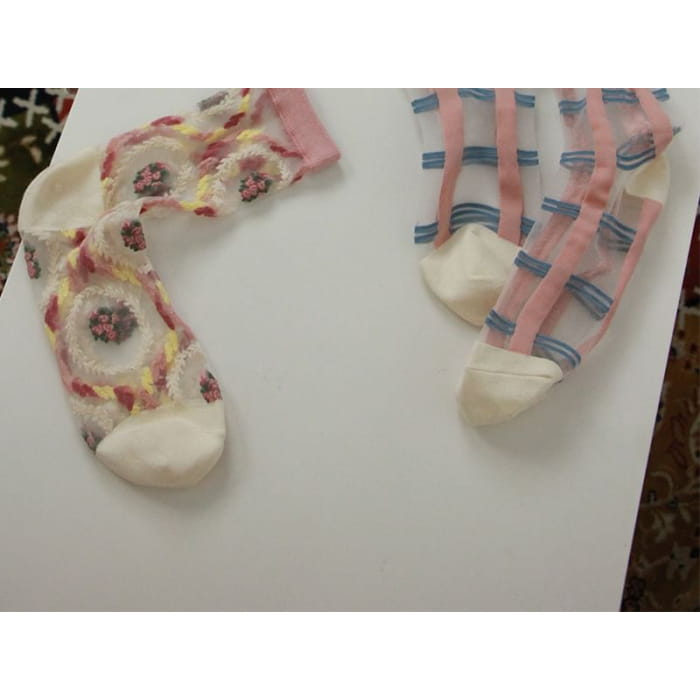 Floral Patterned Mesh Short Socks - Yellow & Pink White