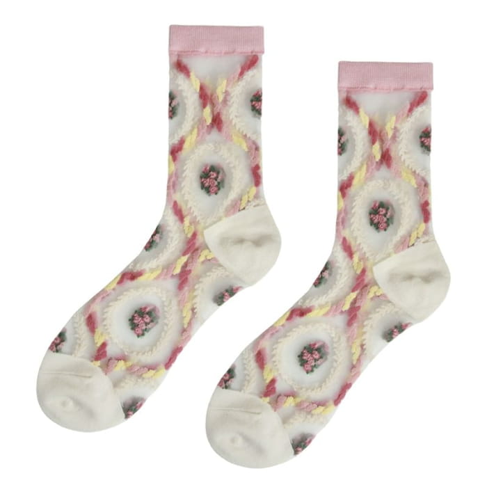 Floral Patterned Mesh Short Socks - Yellow & Pink White