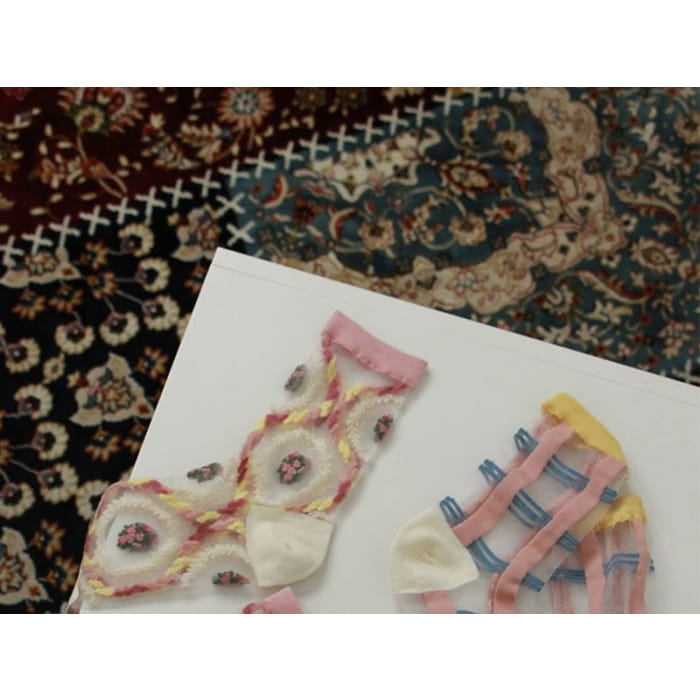 Floral Patterned Mesh Short Socks - Yellow & Pink White