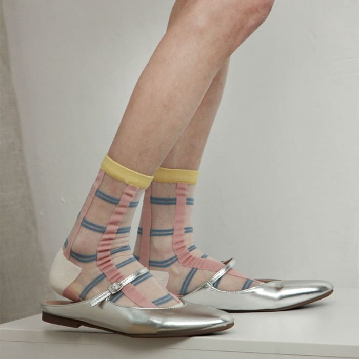 Floral Patterned Mesh Short Socks - Yellow & Pink White