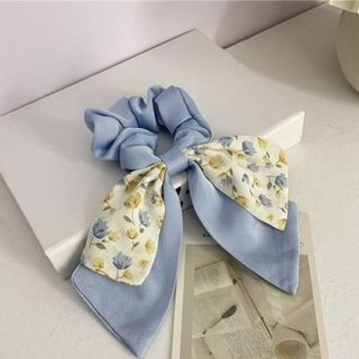 Floral Print Bow Scrunchie - 518 - Blue / One Size