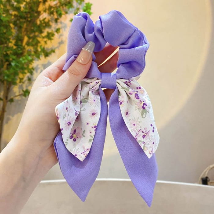 Floral Print Bow Scrunchie - 519 - Purple / One Size