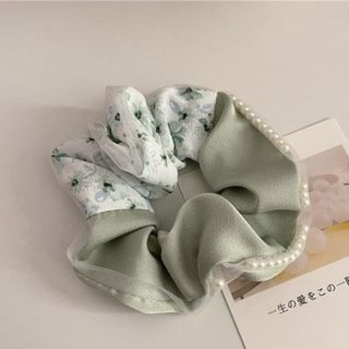 Floral Print Bow Scrunchie - 521 - Hair Tie - Green