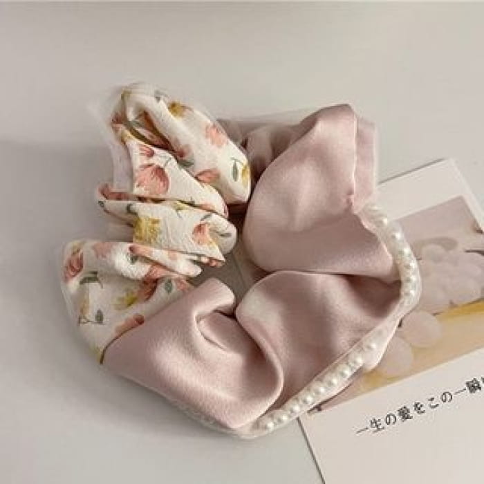Floral Print Bow Scrunchie - 522 - Hair Tie - Pink