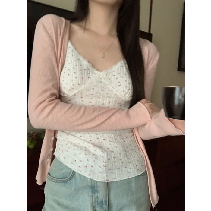 Floral Print Lace Trim Camisole Top