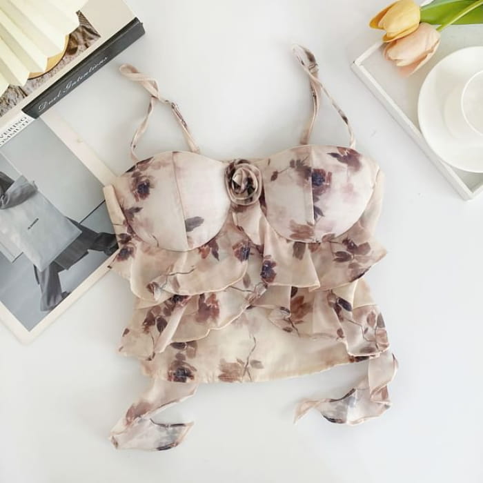 Floral Print Ruffle Camisole Top - Coffee / One Size