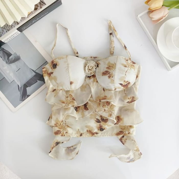 Floral Print Ruffle Camisole Top - Yellow / One Size