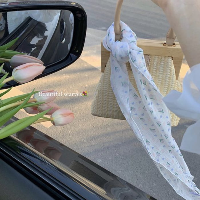 Floral Print Square Scarf (Various Designs) - Blue - White