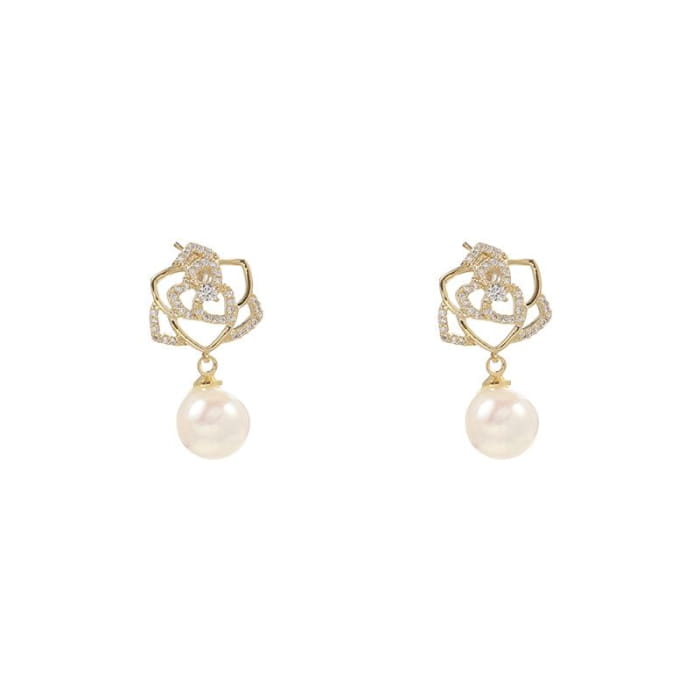 Floral Rhinestone Faux Pearl Drop Earring