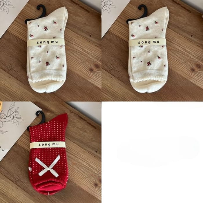 Floral Socks / Dotted Bow / Set - 01 - 3 Pairs - Milky
