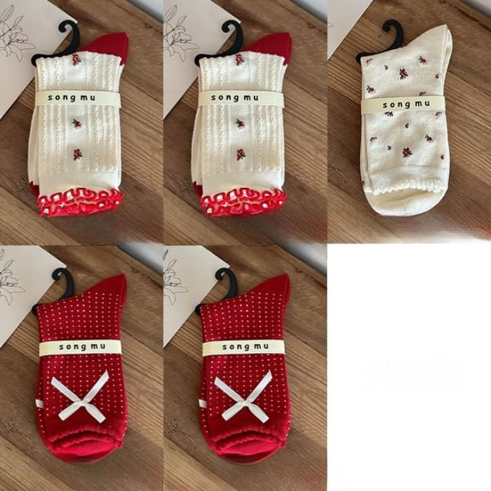 Floral Socks / Dotted Bow / Set - 02 - 5 Pairs - Milky