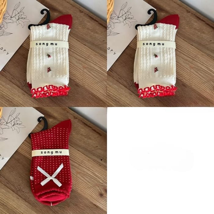 Floral Socks / Dotted Bow / Set - 03 - 3 Pairs - Milky