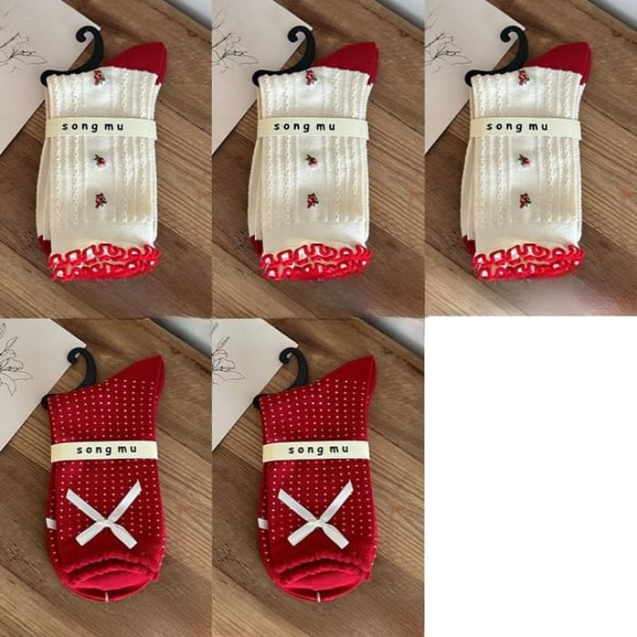 Floral Socks / Dotted Bow / Set - 04 - 5 Pairs - Milky