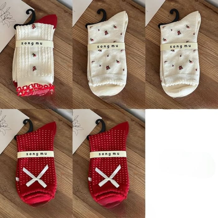 Floral Socks / Dotted Bow / Set - 05 - 5 Pairs - Milky