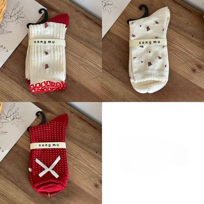Floral Socks / Dotted Bow / Set - 06 - 3 Pairs - Milky