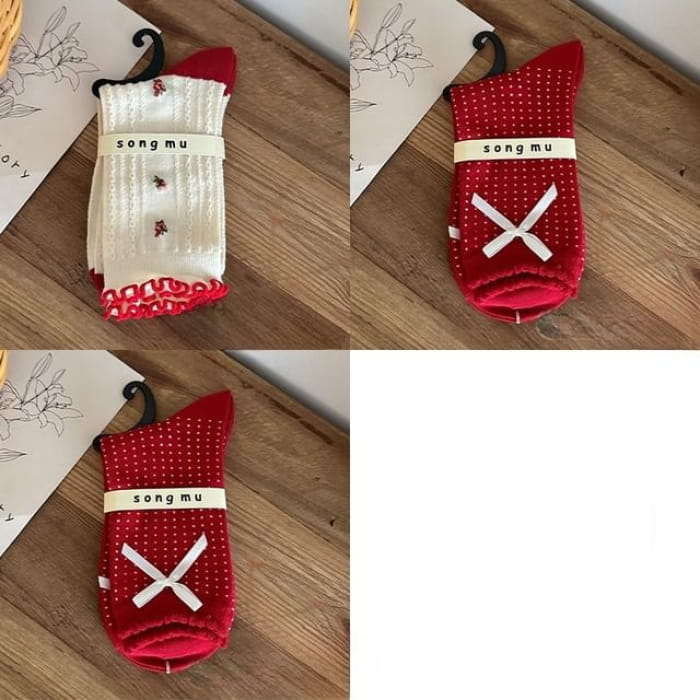 Floral Socks / Dotted Bow / Set - 07 - 3 Pairs - Milky