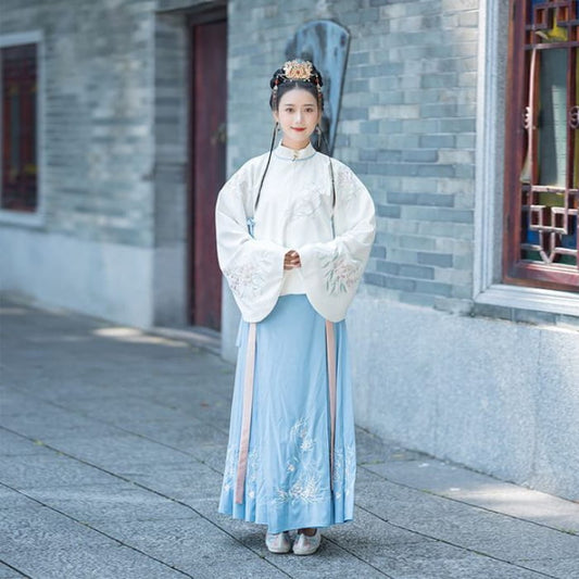 Flower Embroidered Hanfu Blouse / High Waist Maxi