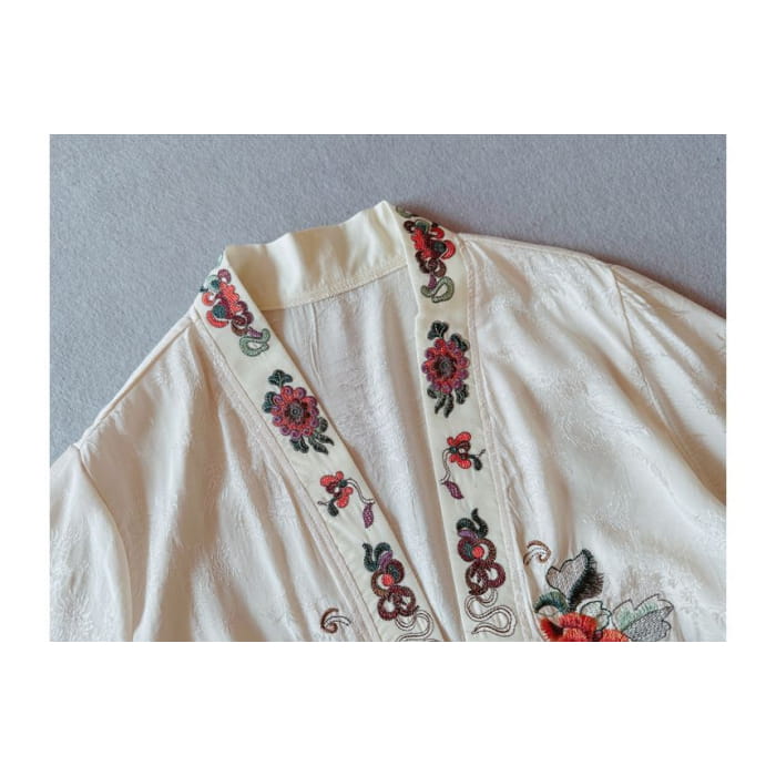 Flower Embroidered Open Front Jacket