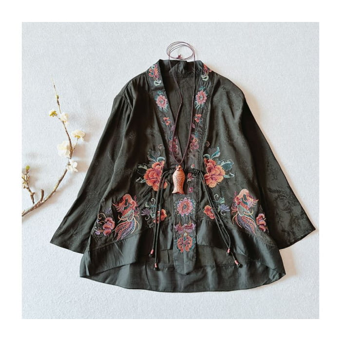 Flower Embroidered Open Front Jacket