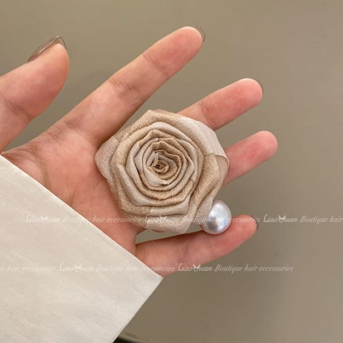 Flower Faux Pearl Hair Clip / Claw - Brown / One Size