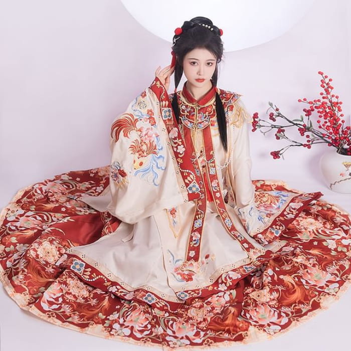Flower Hanfu Top / Maxi Skirt / Scarf / Set - Tangerine / S