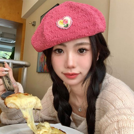 Flower Heart Applique Beret - Hats