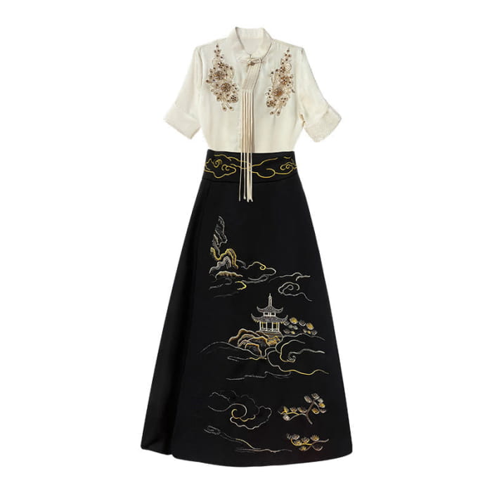 Flower Shirt Cloud Tower Print Skirt Set - S