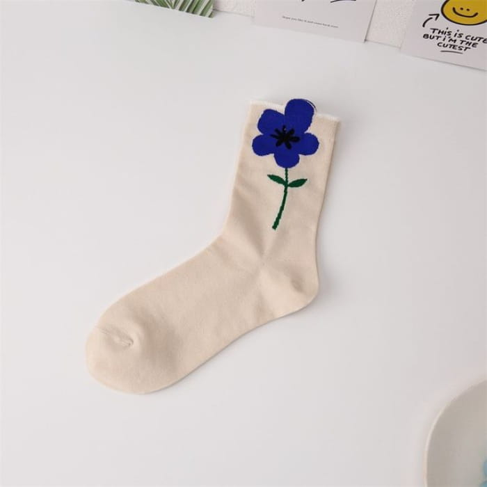 Flower Socks / Set - 1 Pair - Blue - Beige / One Size