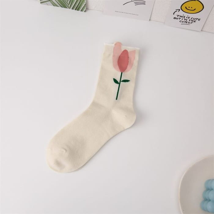 Flower Socks / Set - 1 Pair - Pink - White / One Size