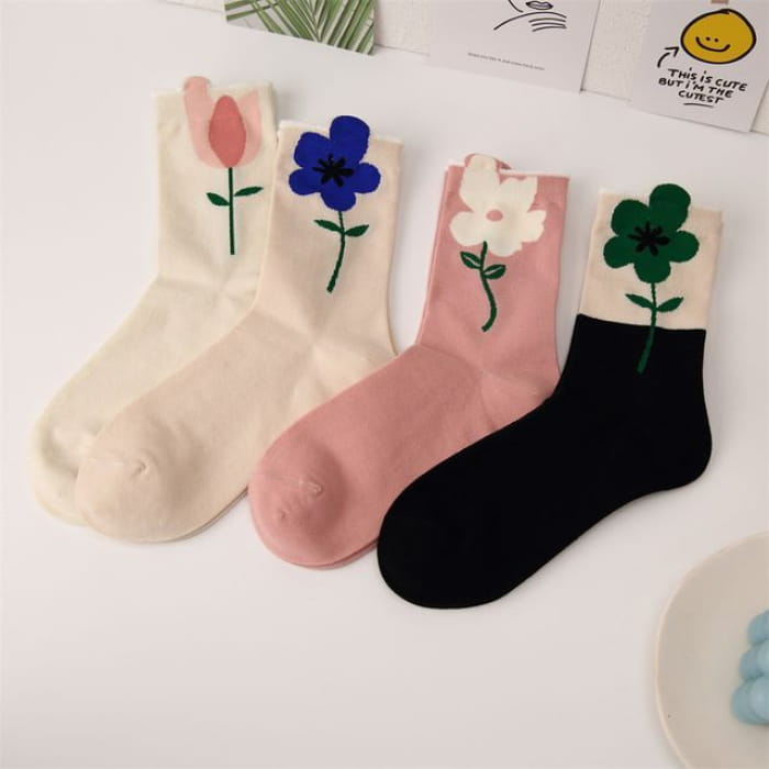 Flower Socks / Set - 2 Pairs - Pink & Blue - Beige