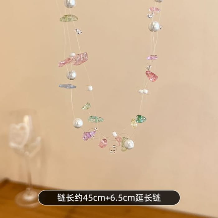 Gemstone Faux Pearl Layered Choker - 1 Pc - Blue & Pink